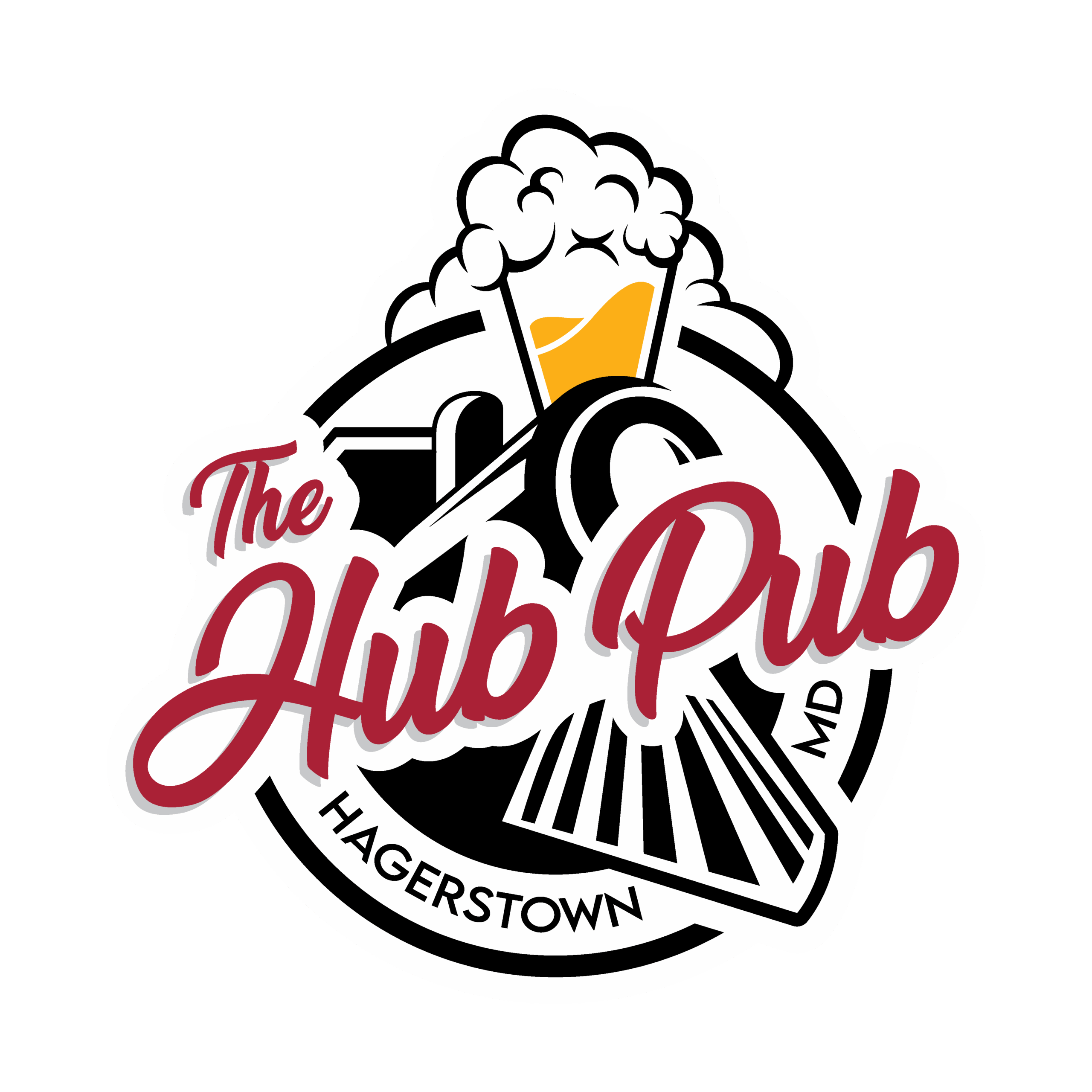 The Hub Pub logo featuring an engine train, the top part of the train being a pint, and "The Hub Pub" in red lettering