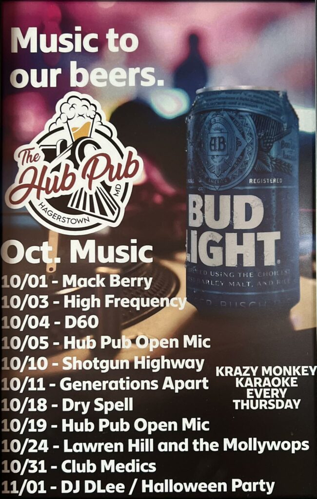Poster for The Hub Pub in Hagerstown showing a Bud Light can and listing October events, including live music, open mic nights, karaoke every Thursday, and a Halloween party.
