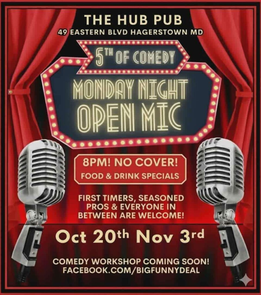 Poster for The Hub Pub’s Monday Night Open Mic comedy event on October 20th and November 3rd. Features retro microphones, marquee lights, and event details including time, location, and no cover charge.
